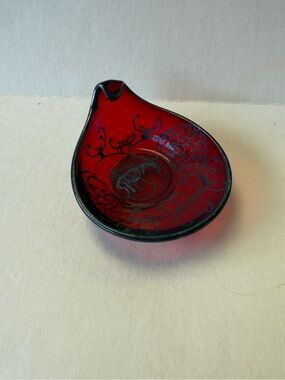 Vintage Venetian Red Glass Teardrop Trinket Tray Gondola Scene Silver Overlay.